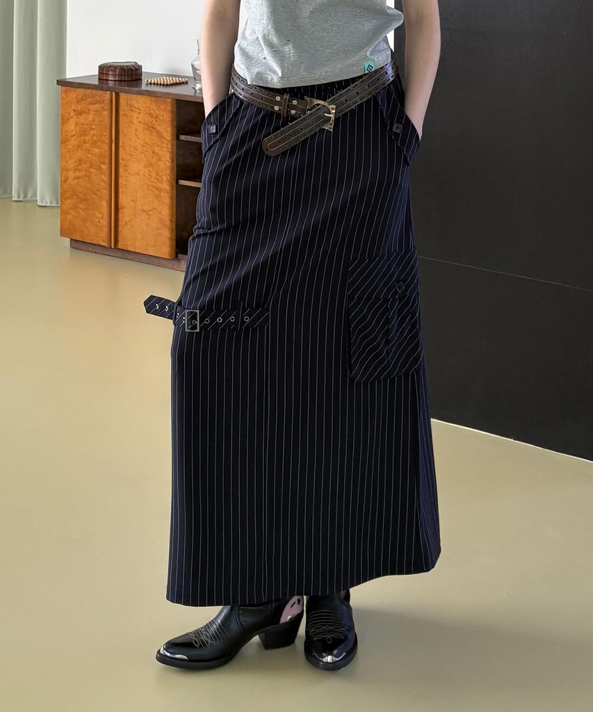 Heretic Button Stripe Strap Maxi Skirt / Navy