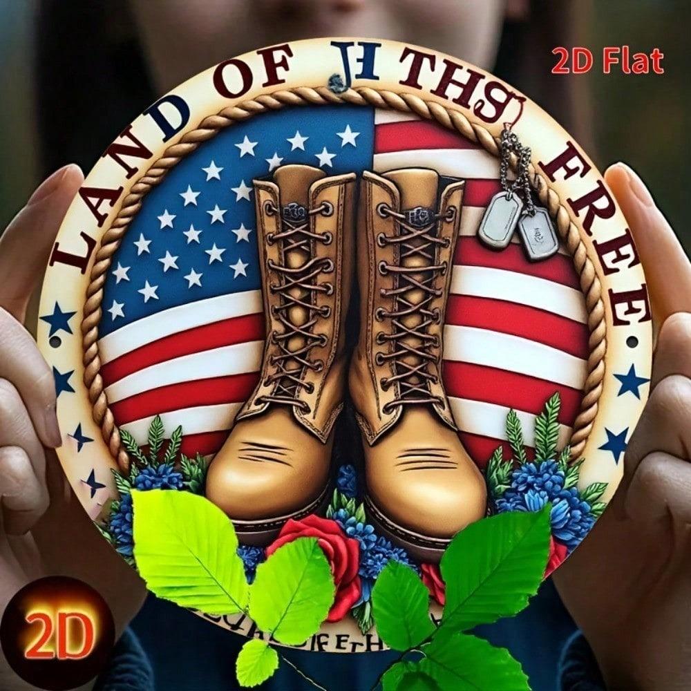 Funny Patriotic Metal Plaque, Land Of The Free Aluminum Sign With Boots & Flags, Ironic 2D Flat Yard Decor For Home Patio, 7.87x
