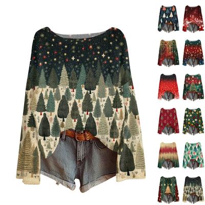 Dammode Rundhals Långärmad Jultryck Casual Pullover Tröja Topp