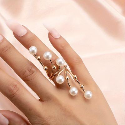 Elegant Golden Geometric Faux Pearl Ring, Exaggerated Index Finger Ring, Fashion Jewelry
