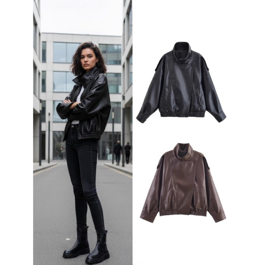 Winter Women's Retro Street Style Faux Leather Jacket Lychee Pattern European American Style Hot Sale In Stock