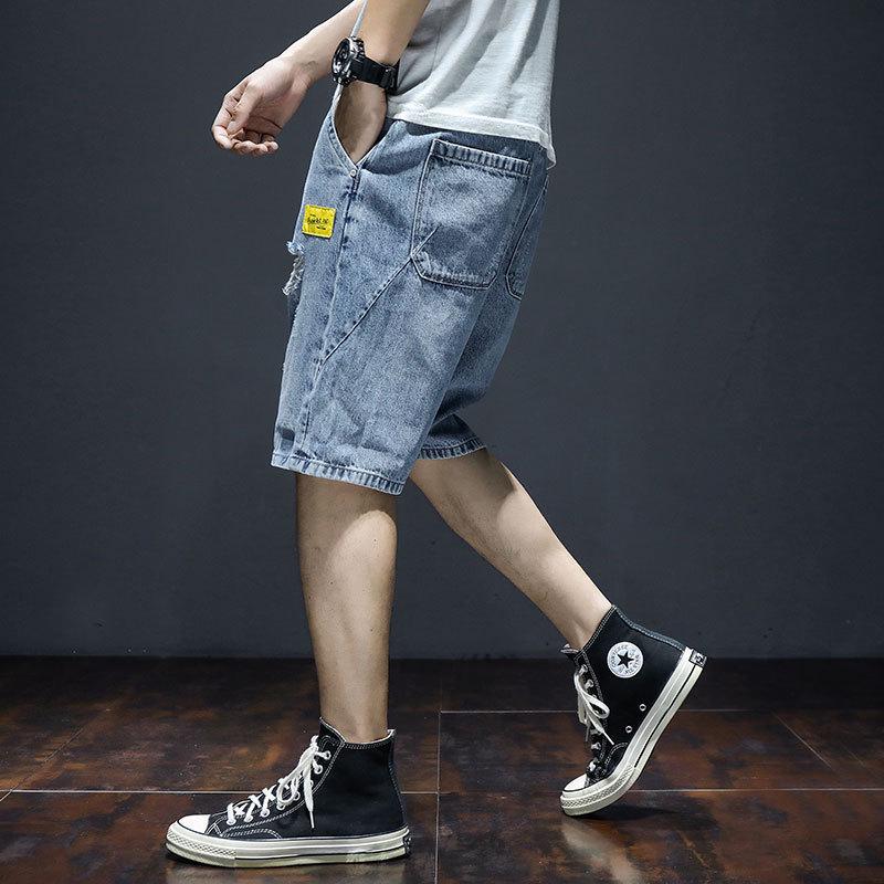 Men's Summer Korean-Style Ripped Denim Shorts - Thin, Loose, Straight, Casual Mid-Length Trendy Workwear.