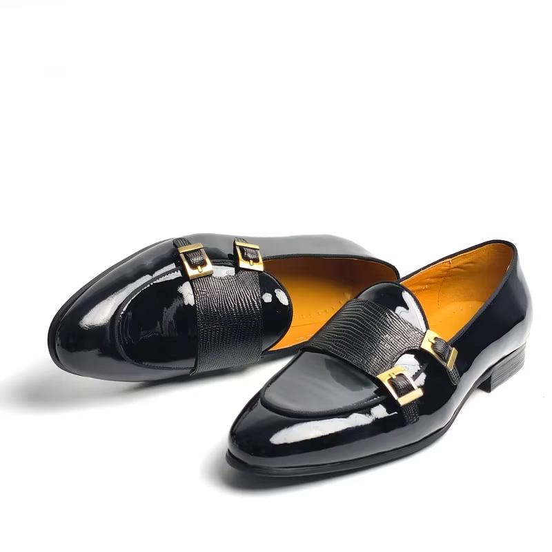 Fashion Men's Patent Leather Loafers Elegant Monk Buckle Slip-On Dress Shoes for Wedding,Party & Formal Events Casual Genuine Leather
