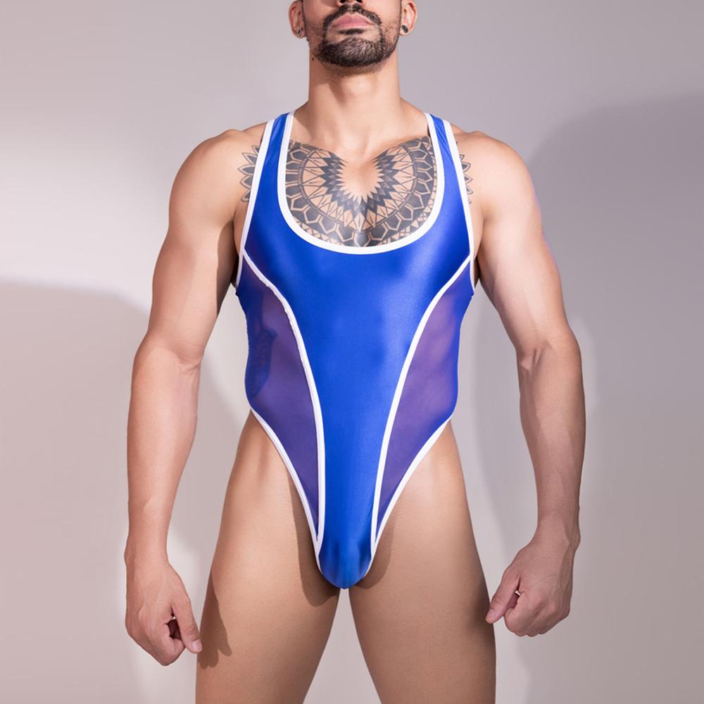 Sexy Men Smooth Shiny Bodysuit Open Crotch Elastic Leotard Patchwork Shaping Vest Sheer See Through Home Wear Tank Top