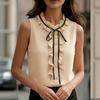 Women Sleeveless Ruffle Trim Collared Blouse Button Down Tie Neck Top Lightweight Shirt for Office or Casual Wear