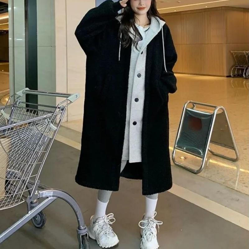 Damen Herbst und Winter Lockere Kapuzen Lange Jacke Temperament Elegantes Sweatshirt XS schwarz