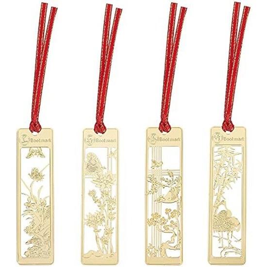 IQ LIFE Bookmark Set 4 Traditional Series (Plum Bamboo Orchid Chrysanthemum) Stainless Steel