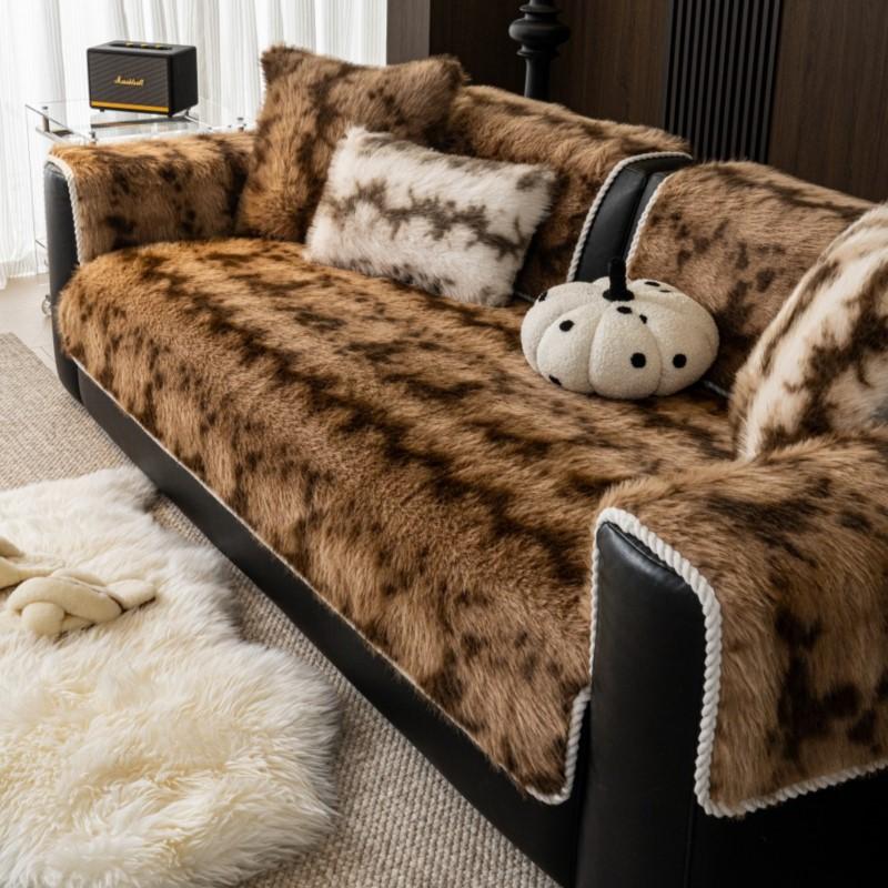 New Vintage Rabbit Plush Sofa Cushion Winter Thicken Plush Warm Straight-Line Leopard Sofa Throw Cover Anti-Slip Soft Fuzzy Mats