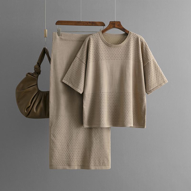 GMXIA Summer Hollowed-out Short-sleeved Knitted Top and Skirt Two-piece Women's Solid-color Casual Suit
