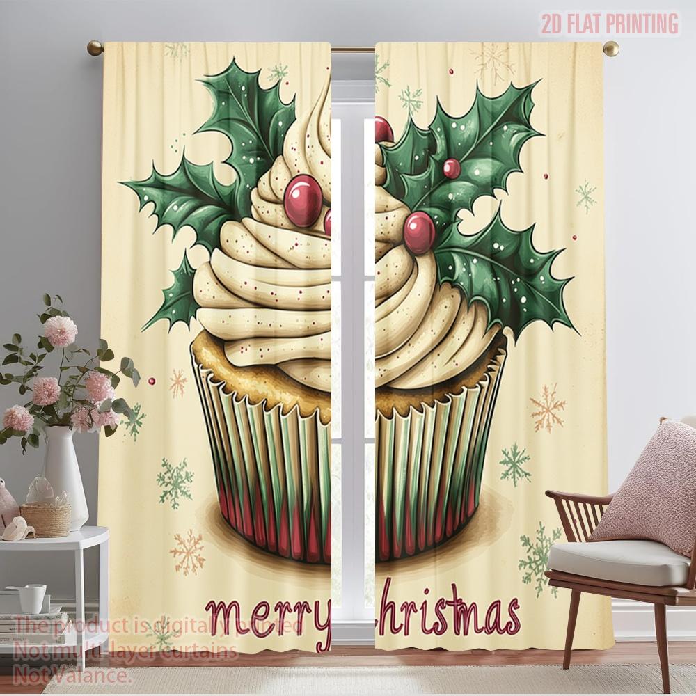 

2pcs,2D plane printing Pattern Curtains Christmas Cupcake Holly Pine (2) Versatile Polyester (without rod) Art Deco Festive for 52.50×116.00 CM 2pcs