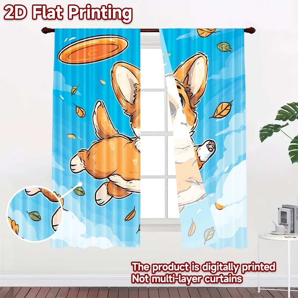 2D flat printing 2pcs Curtains Cute Corgi Flying Frisbee Digital Printed Polyester Drapes Festive Holiday for Home Wall Yard Use