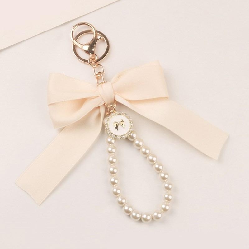 Elegant Pearl Chain Keychain with Large Ribbon Bowknot Pendant Stylish Keychain for Women and Girls Bag Decoration
