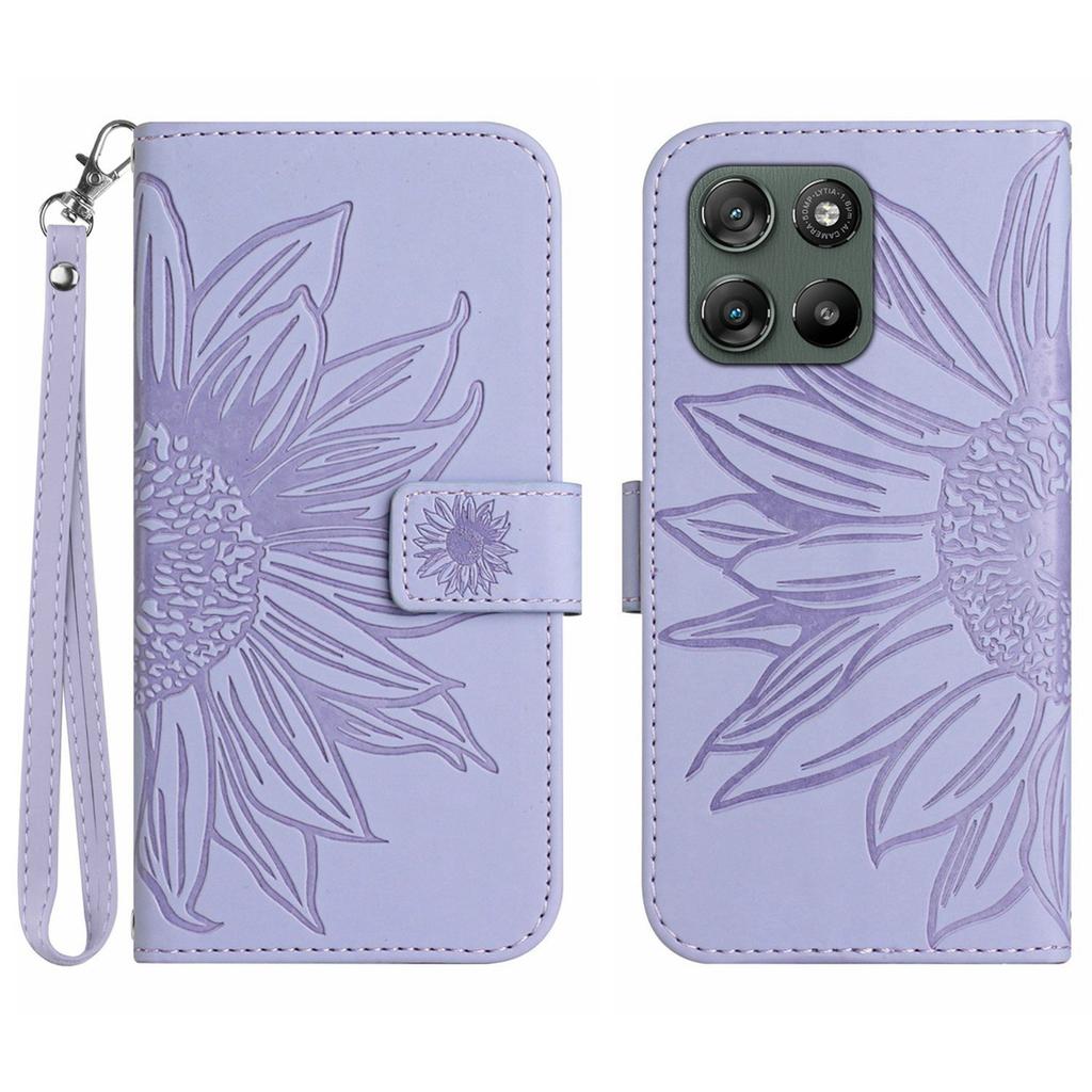 For Motorola Moto G67 Power 5G Case Sunflower Imprint Leather Wallet Phone Cover with Wrist Strap