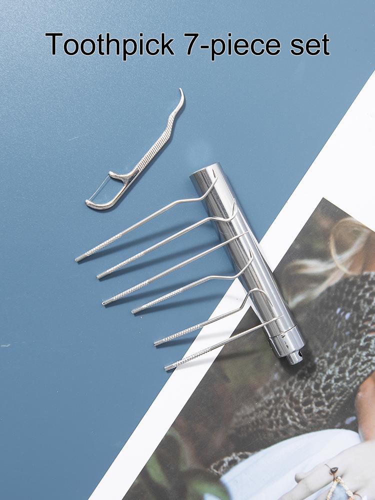 7PCS Stainless Steel Toothpick Set Portable Toothpick Holder Care Metal Dental Cleaning Tools Seven Pieces Set