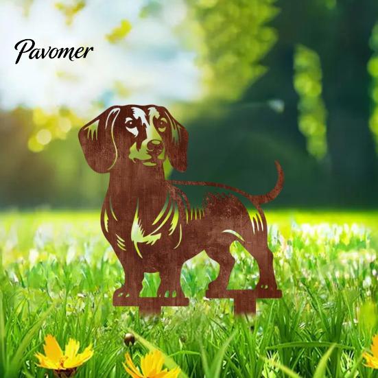 Niedliche Hundeblumenbeet-Dekoration Metall-Dackel-Gartenspieß, Rostige Tier-Silhouette Dekorative Hofspieße Kunst für Draußen Rasen, Weg, Terrasse, Skulptur