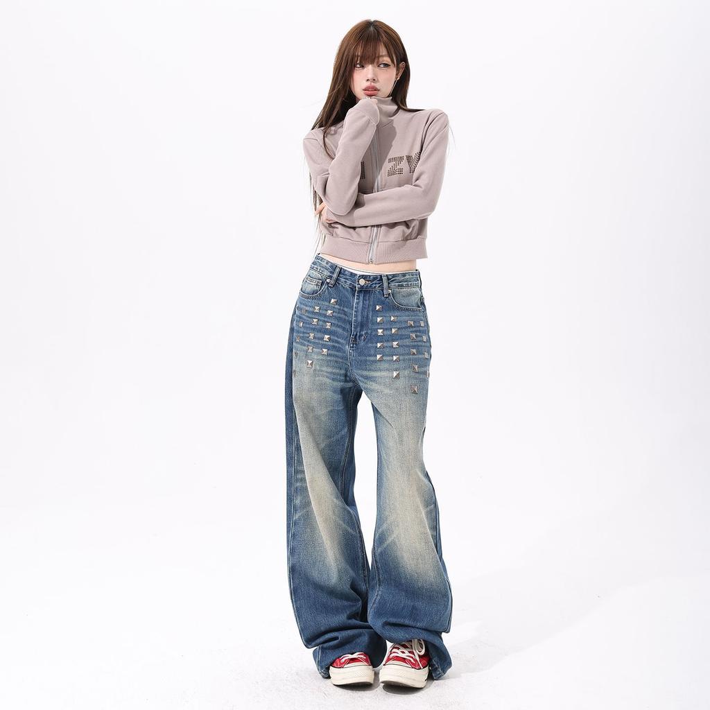 Spring Niche Street Rivet Button Relax Wide Leg Denim Pants For Women Casual Pants Oversize Denim Trousers
