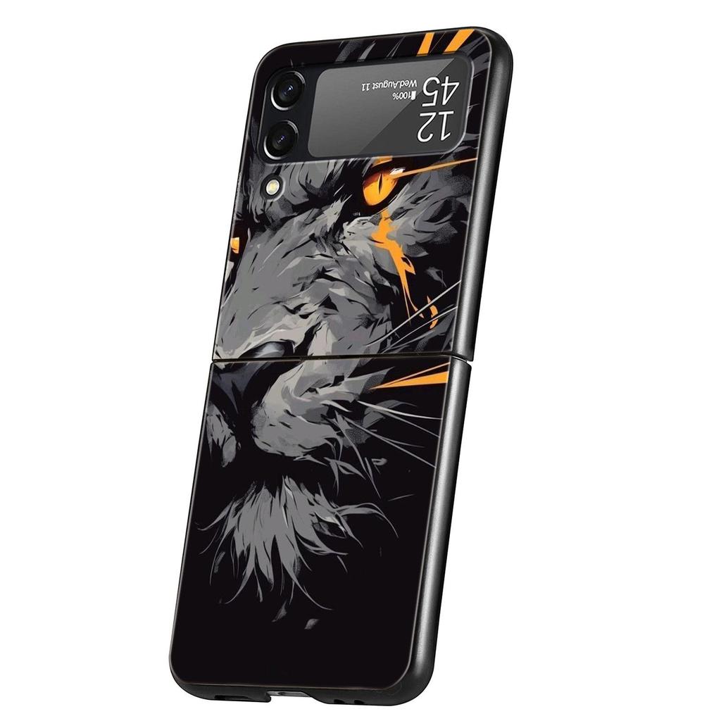 Cross Pattern Bicolor Lion Hard PC Phone Case For Samsung Galaxy Z Flip 7 6 5 4 Black Cover For Galaxy Z Flip 3 Foldable Shell