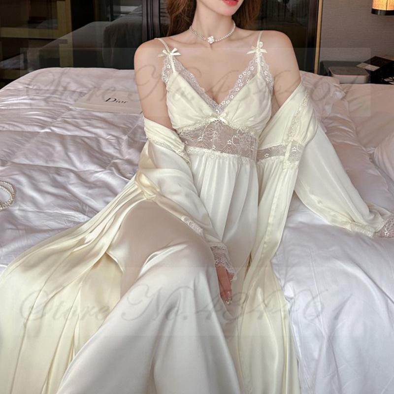Spring Summer Kimono Bathrobe Gown Female Long 2PCS Robe Set Sleepwear Sexy Lace Nightgown Intimate Lingerie Satin Home Dress