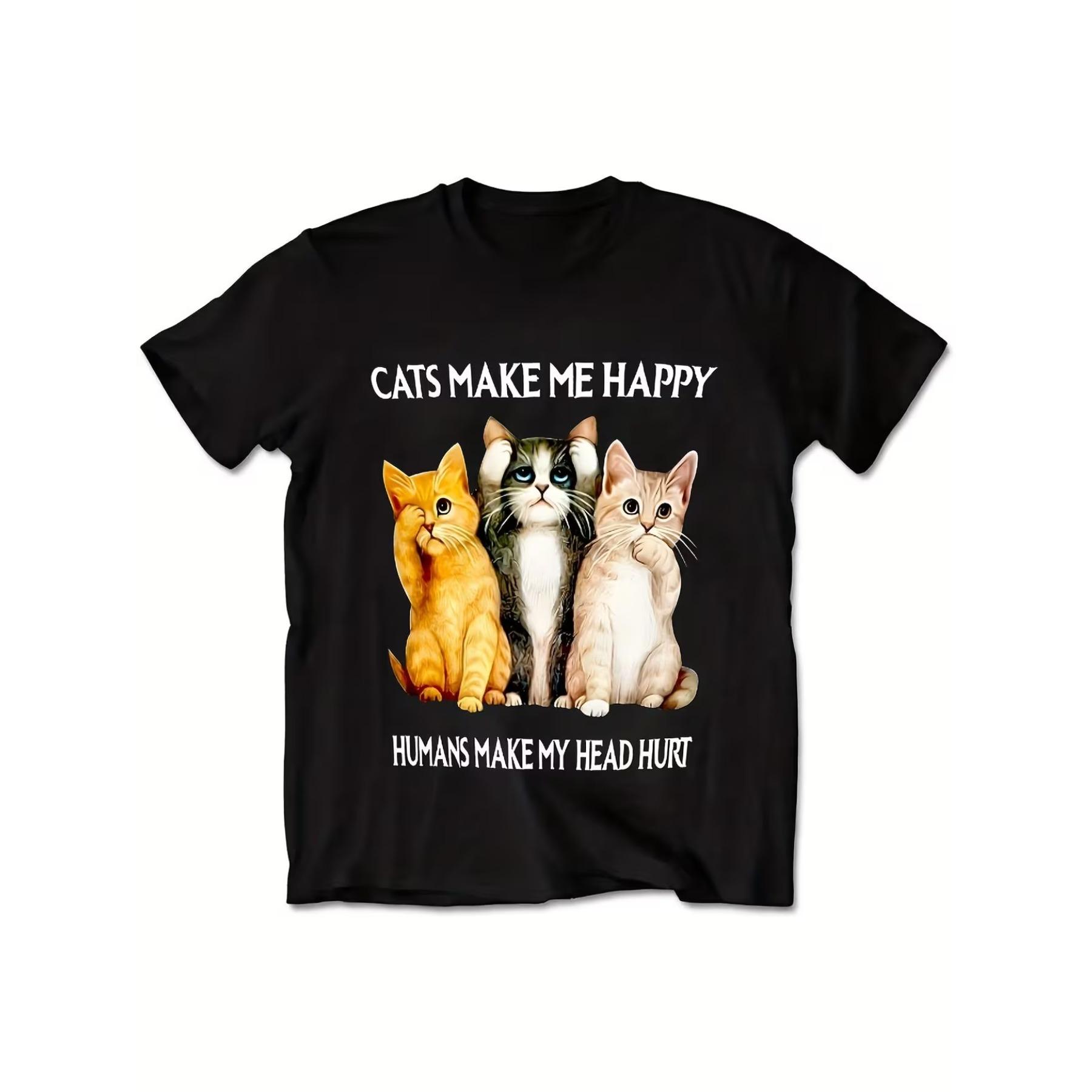 

Plus Size Oversized Cat T-Shirt with Cats Make Me Happy Graphic - Summer Short Sleeve Round Neck Casual Tee XXL
