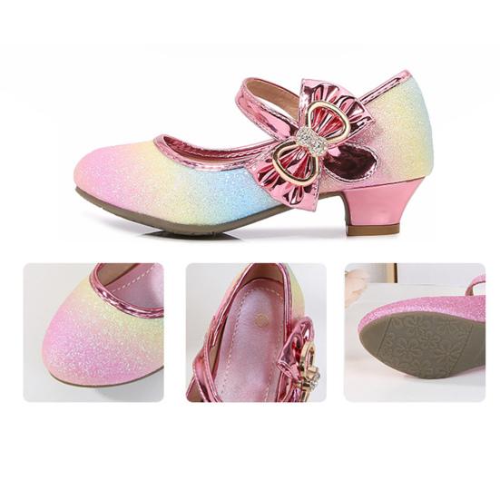 Girls Princess Flats Low Heel Dress Shoes Mary Glitter Wedding Party Sparkling Bow