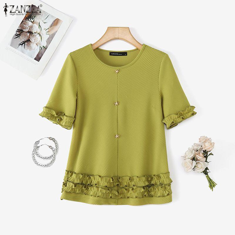 ZANZEA Lässige Damenbluse mit Rundhalsausschnitt und kurzen Ärmeln für den Sommer