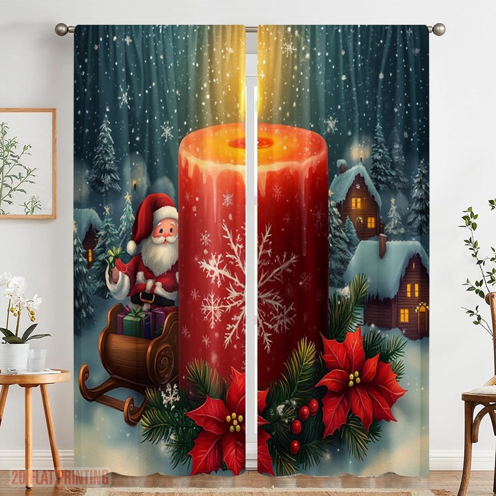 2pcs,2D Plane Printing Creative Curtains Christmas Candle Winter Village Scene (2) Versatile Fabric (without Rod) Decorations