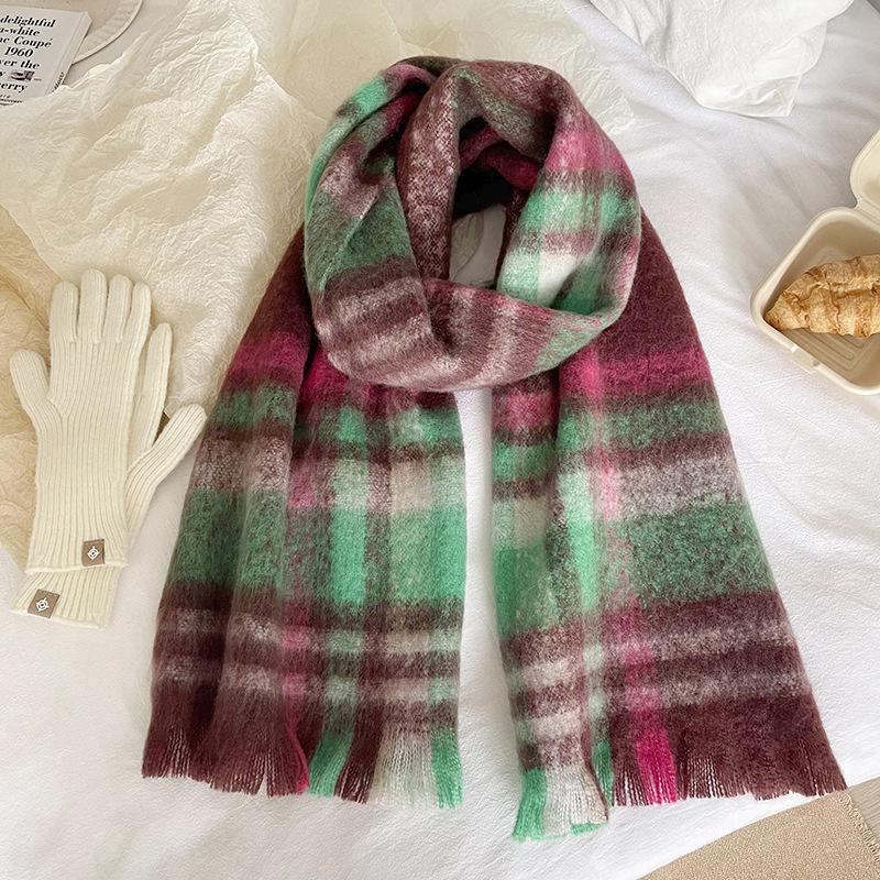 Fresh Mohair Plaid Scarf Women's Autumn and Winter Sweet Thickened Shawl Winter Warm Student Scarf Dual Use