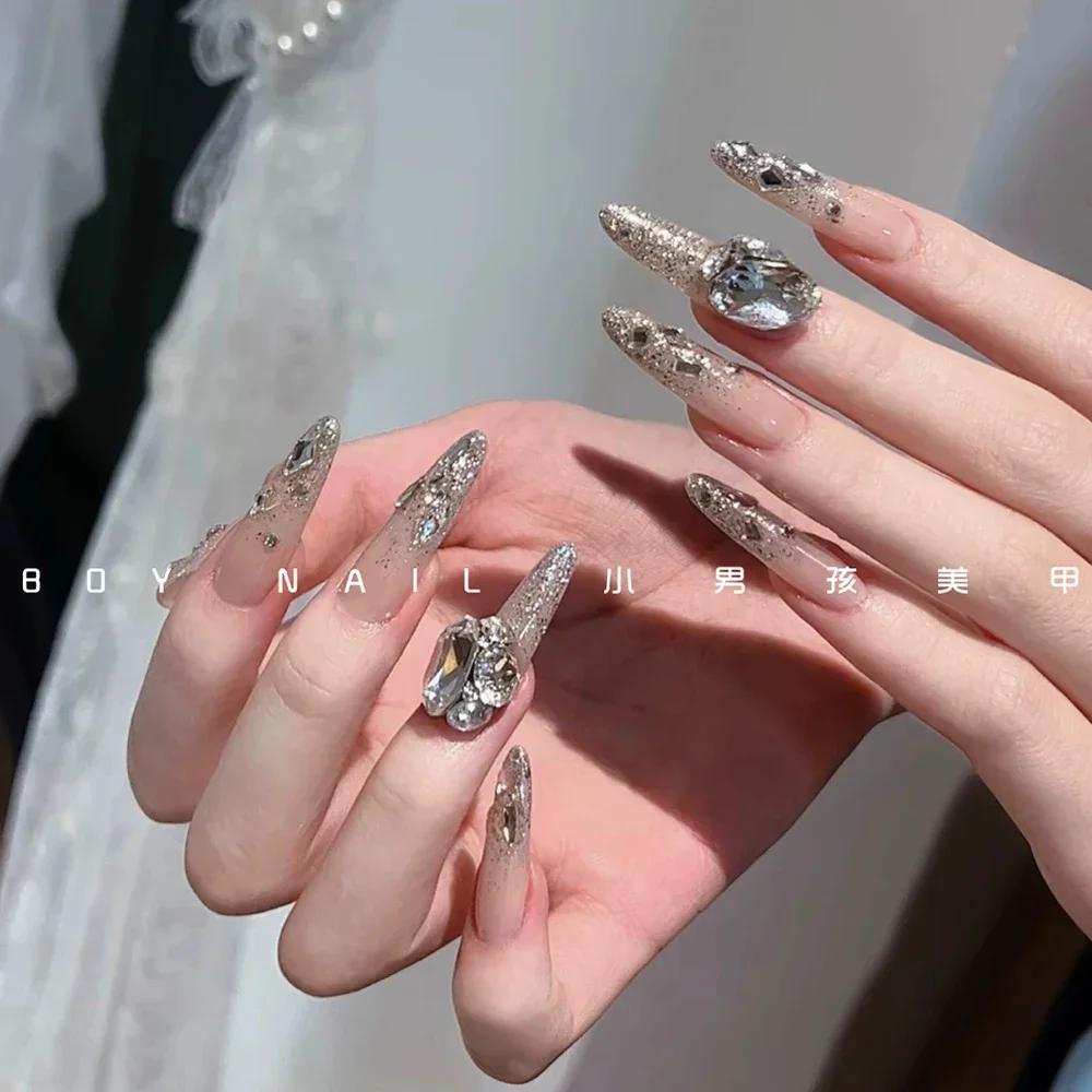 10Pcs Luxury Handmade Long Stiletto Press On Nails 3D Sparkling Diamond Bow Pearl Flower Full Cover Fake Nails