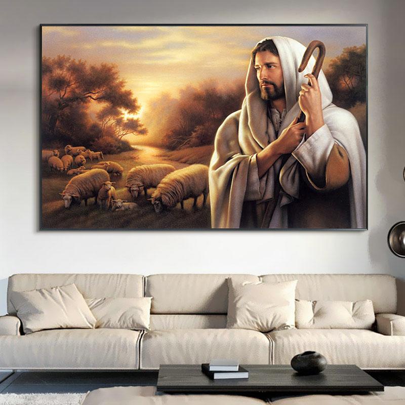 Jesus Herding The SheepOil Painting On Canvas Cuadros Posters and Prints Scandinavian Wall Art Picture Home Decor