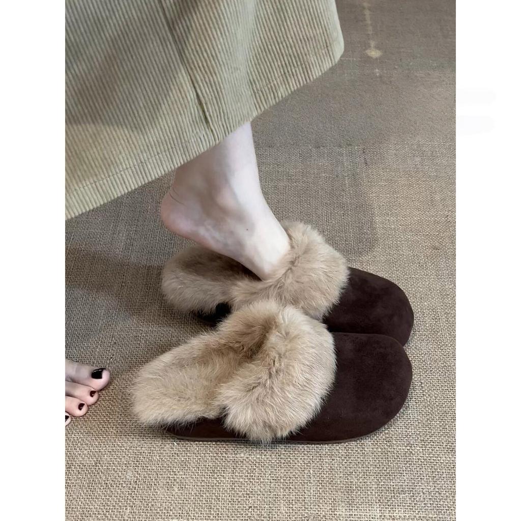 French velvet bag head half slippers women's outer wear winter explosion fluffy Birkenstock cotton drag snow boots