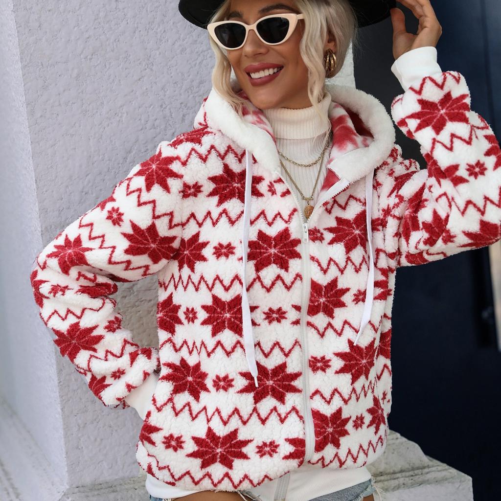 Podzimní a zimní dámská bunda Volná fleecová bunda s kapucí na zip Cardigan Vánoční bunda s potiskem