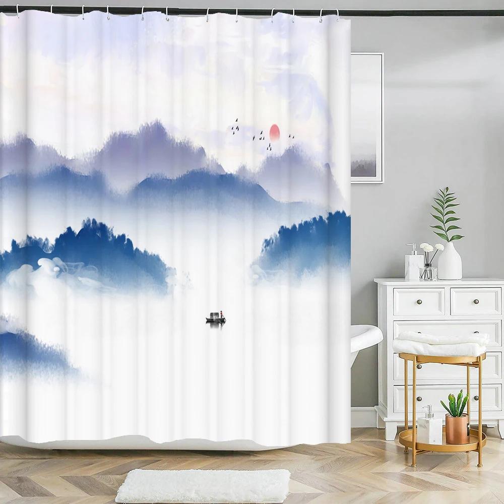 3d Printing Chinese Flower Bird Ink Landscape Shower Curtain Bathroom Waterproof Bath Curtain With Hooks Washable Cloth Decor