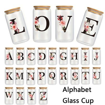 500ml Brev Blomst A-Z Kaffekopper Kontor Hjem 16OZ Glas Kop Med Bambus Låg & Sugerør Fødselsdag Valentinsdag Gaver Kop Kvinder