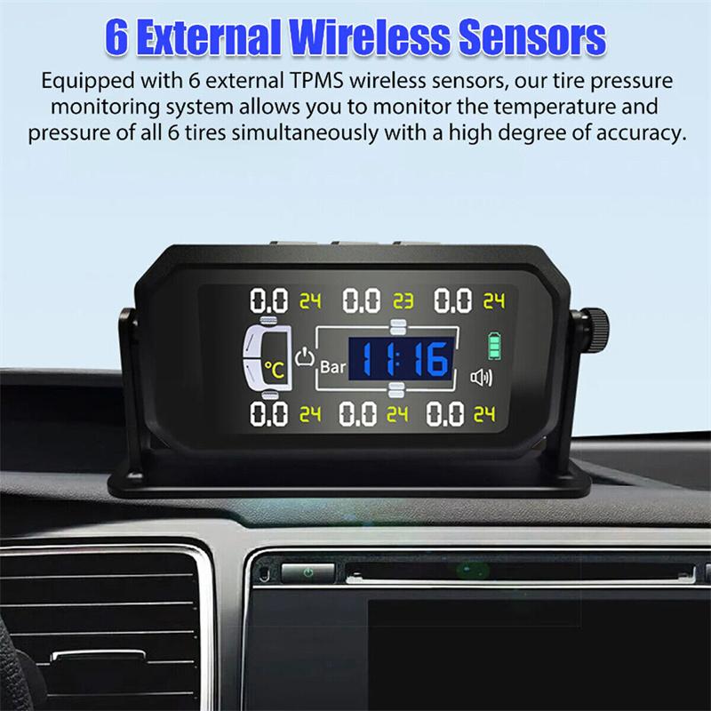 Wireless Car Tpms Tire Pressure Sensors Solar Tire Pressure Monitoring System Temperature Alarm 6 Wheel Tyre External Sensor