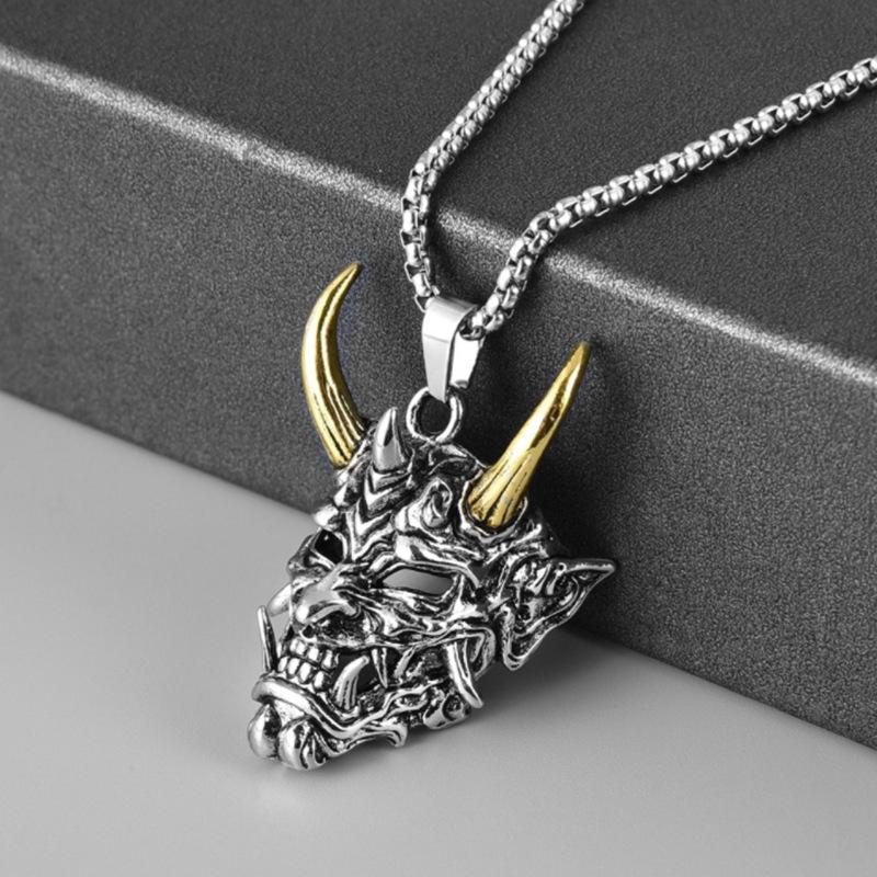 Japanese Oni Samurai Mask Necklace Retro Hip-Hop Style Golden Horn Prajna Pendant 60CM