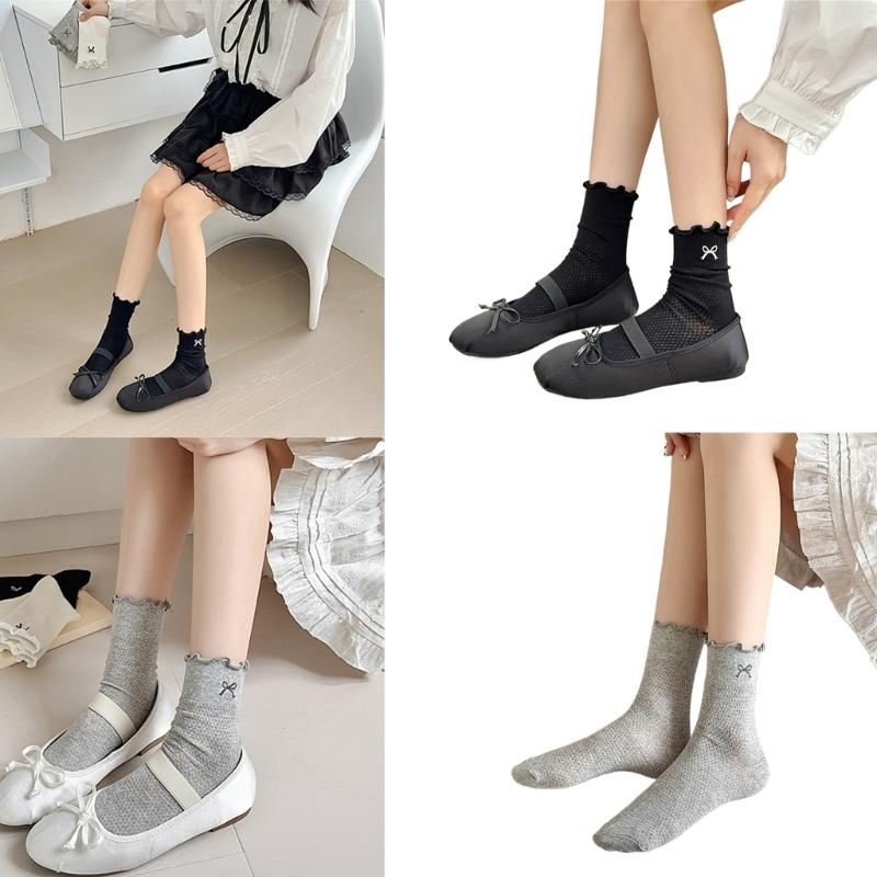 Elegant Embroidered Bowknot Mesh Middle Calf Socks Comfortable Stretch Cotton Solid Ruffle Frilly Ankle Socks for Women