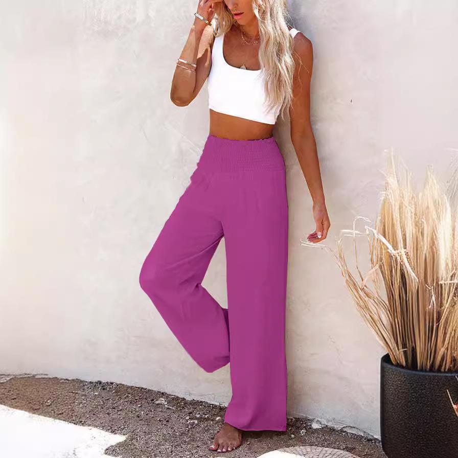 High Waisted Wide Leg Pants with Elastic Waistband, Light Beige Loose Fit Trousers for Women