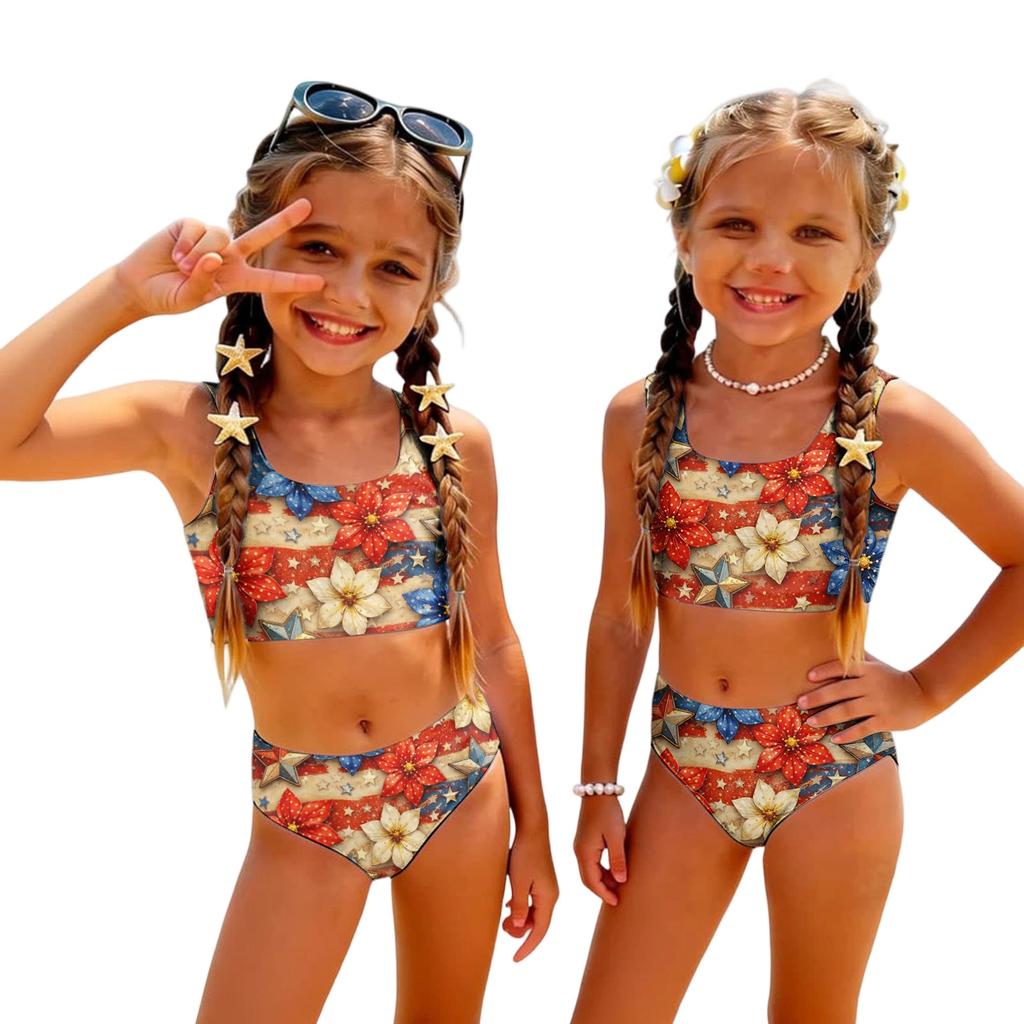 Conjunto de Bikini de Dos Piezas para Niñas, Top Tankini y Braguita, Ropa de Baño de Verano para Niños, Traje de Baño con Estampado del Día de la Independencia