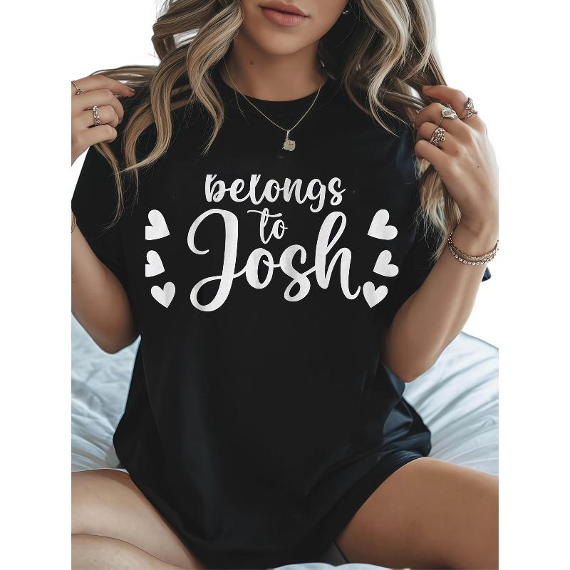 

European Size Women s Valentine s Day T-Shirt My Heart Belongs to Josh Heart Design, Casual Round Neck Short Sleeve Tee with Josh Text Print S чёрный
