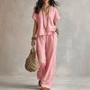Completo Due Pezzi Donna Scollo a V Manica Corta Vestibilità Larga Pantaloni Colore Abbigliamento Casual