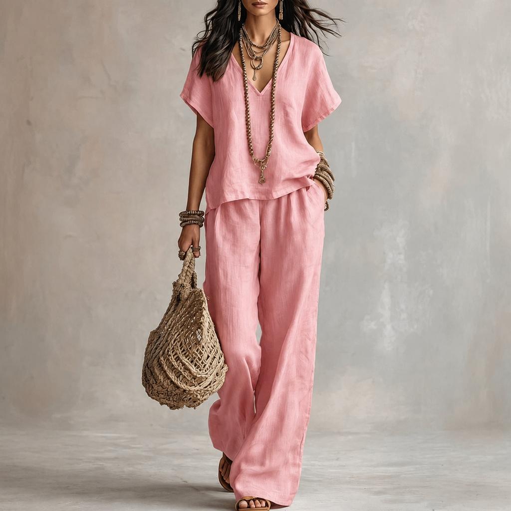 Completo Due Pezzi Donna Scollo a V Manica Corta Vestibilità Larga Pantaloni Colore Abbigliamento Casual