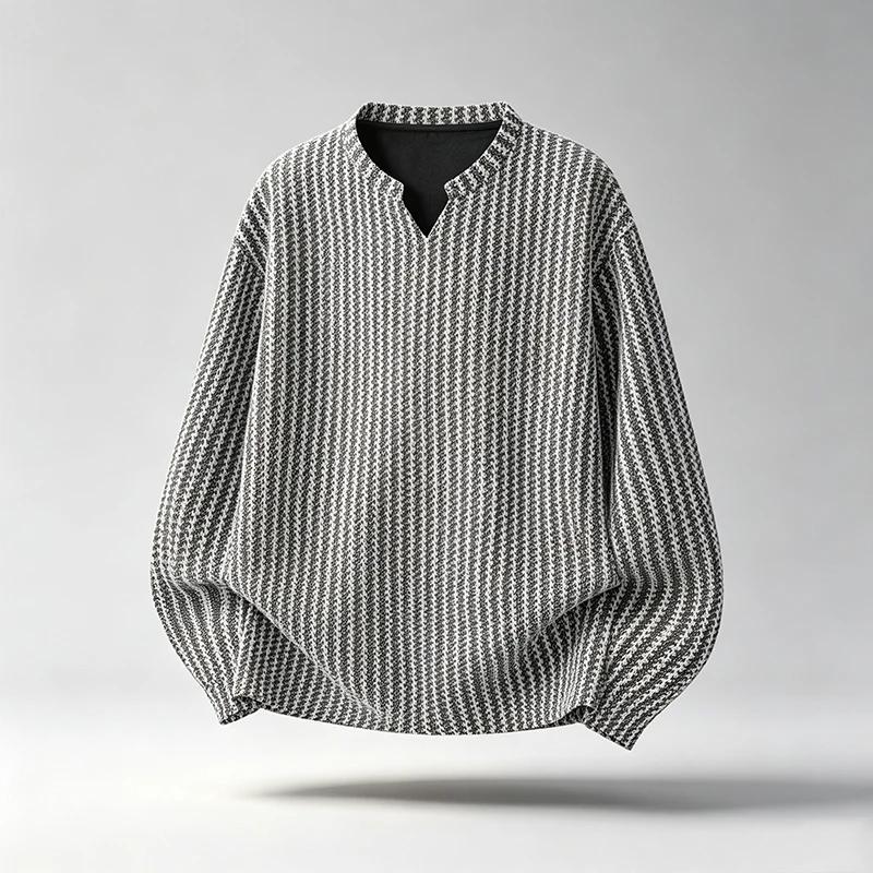 Men Textured Notch V Neck Long Sleeve Shirt Loose Fit Woven Fabric Casual Tops Retro Stripe Pattern Streetwear Daily Wear