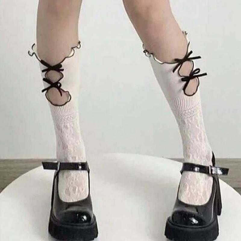 1 Paar Hohlspitze Damen Lange Strümpfe Modisch Vielseitig Geknotet Weiß Lolita-Stil Bequem Atmungsaktiv Lässige Socken
