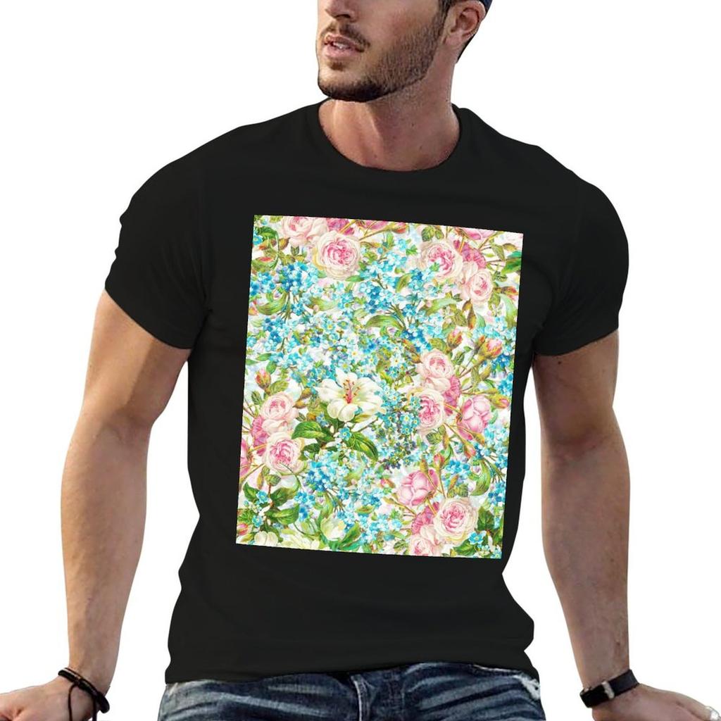 Pink Roses and Forget-me-not Botanical Garden T-Shirt man graphic t shirt man t shirt designer