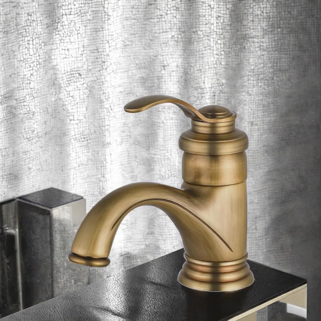 European Traditional Style Basin Faucet Deck Mounted Brushed Brass Single Handle Metered Ceramic Valve Antique Copper Finish