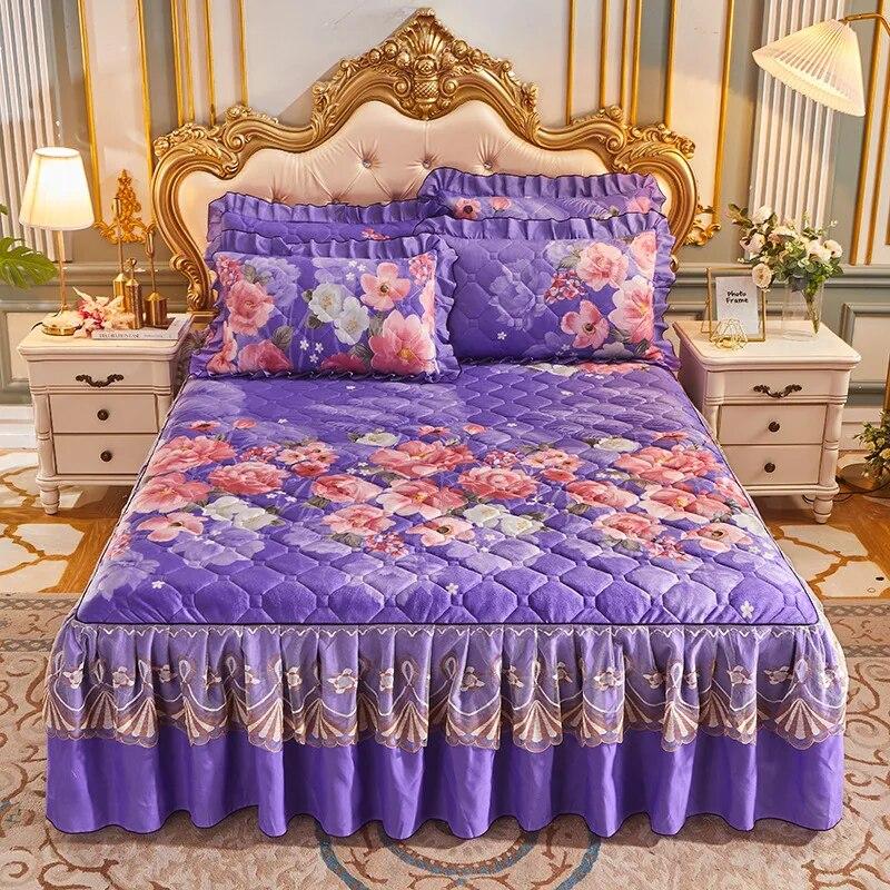 Princess Lace Quilted Bed Spreads Crystal Velvet Bedding Sheets Set King Queen Size Thick Winter Warm Cotton Wedding Bed Cover