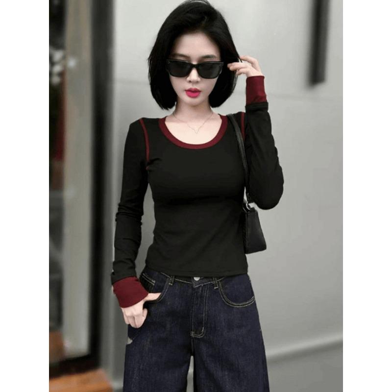 Ins Sexy Spice Crew Neck Matching Color Long-sleeved T-shirt Autumn New All-fit Slimming Pullover Base Shirt Top