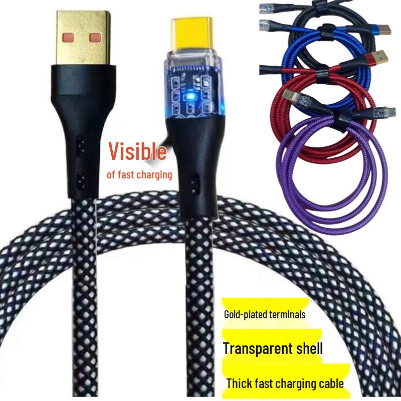 120W Transparent Braided Type-C Cable for Apple & Huawei, 6A Fast Charging with Visible PD Data Transfer USB to Type-C