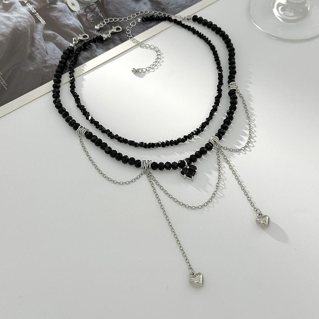 Salircon 2Pcs/set Peach Heart Tassel Pendant Necklace for Women Boho Exquisite Crystal Beaded Clavicle Chain Fashion Y2K Jewelry