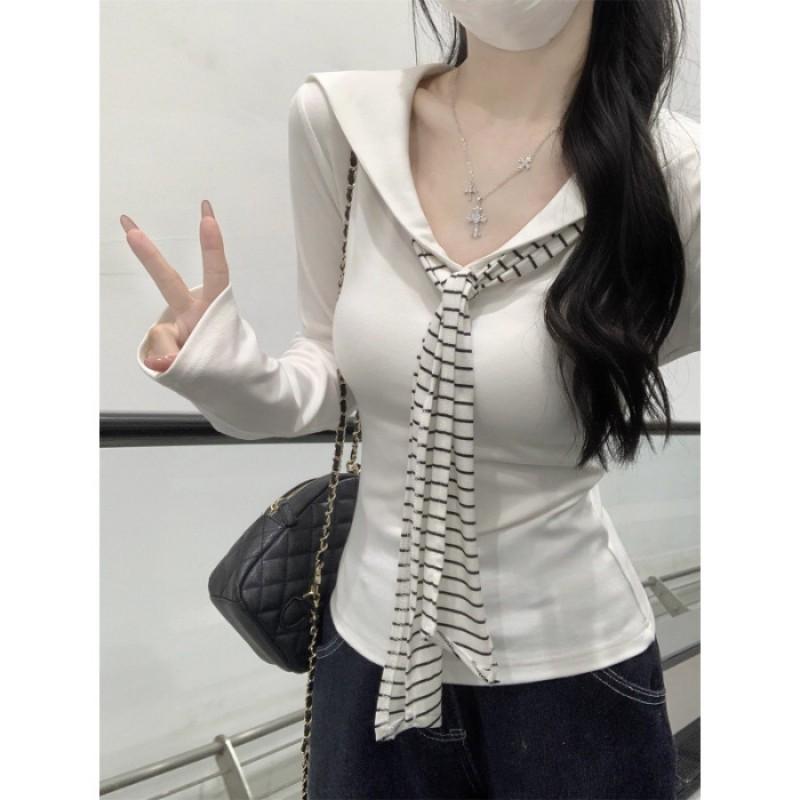 Contrasting Color Korean College Style Striped Tie Long-sleeved T-shirt Women's Early Slim Figure Slimming Chic Top